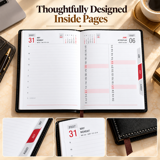 2027 Premium Black Diary Planner -9 × 7.25 Inch, Daily Planner with Monthly Action Plan & Ribbon Bookmark