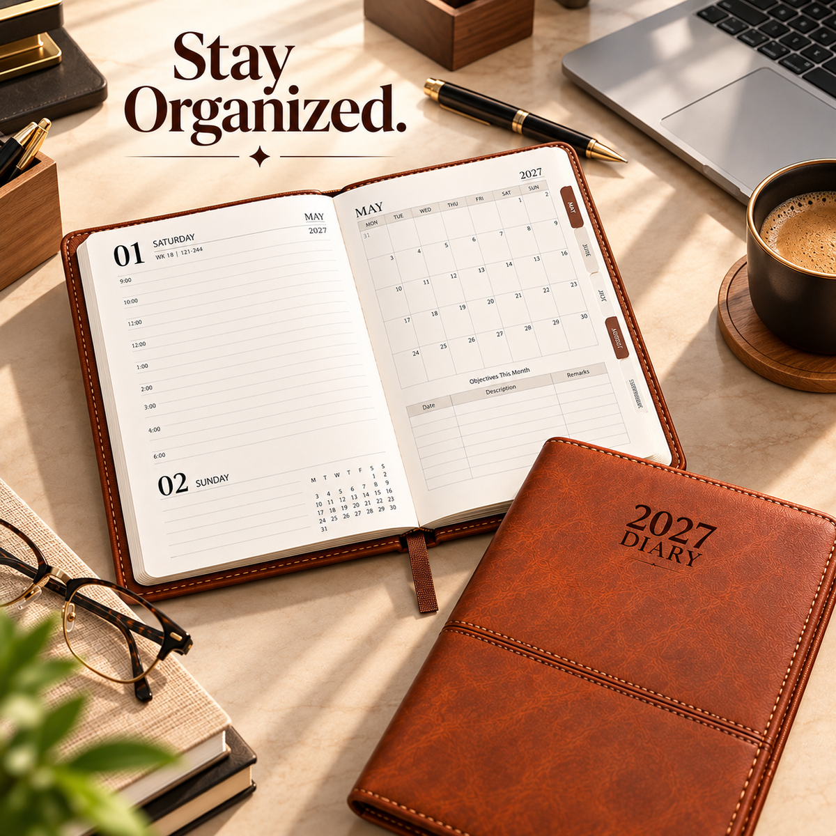 2027 Premium Brown Executive Diary – 9 × 7.25 Inch, Daily Planner with Ribbon Bookmark
