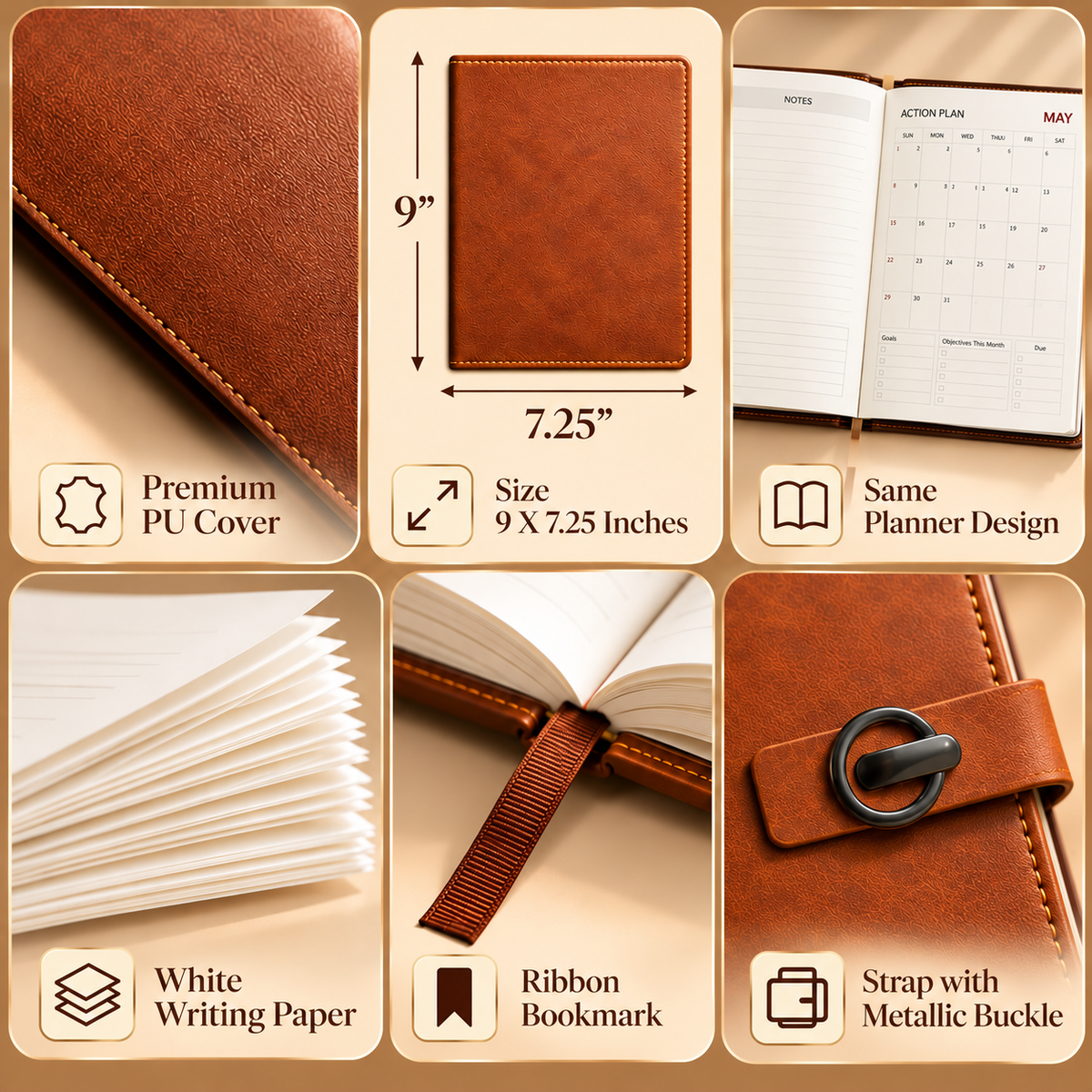 2027 Premium Brown Executive Diary – 9 × 7.25 Inch, Metallic Buckle Closure