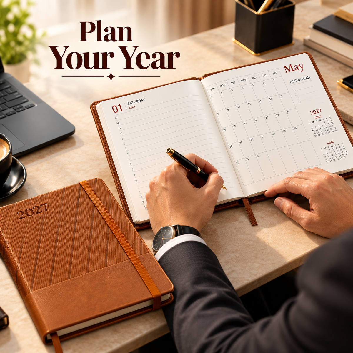 2027 Premium Brown Diary Planner – 9 × 7.25 Inch, Elastic Band Closure
