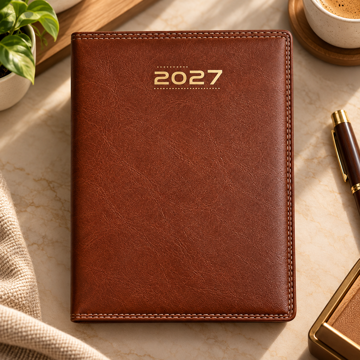 2027 Premium Brown Diary Planner,A5 Size, Daily Planner with White Pages & Ribbon Bookmark