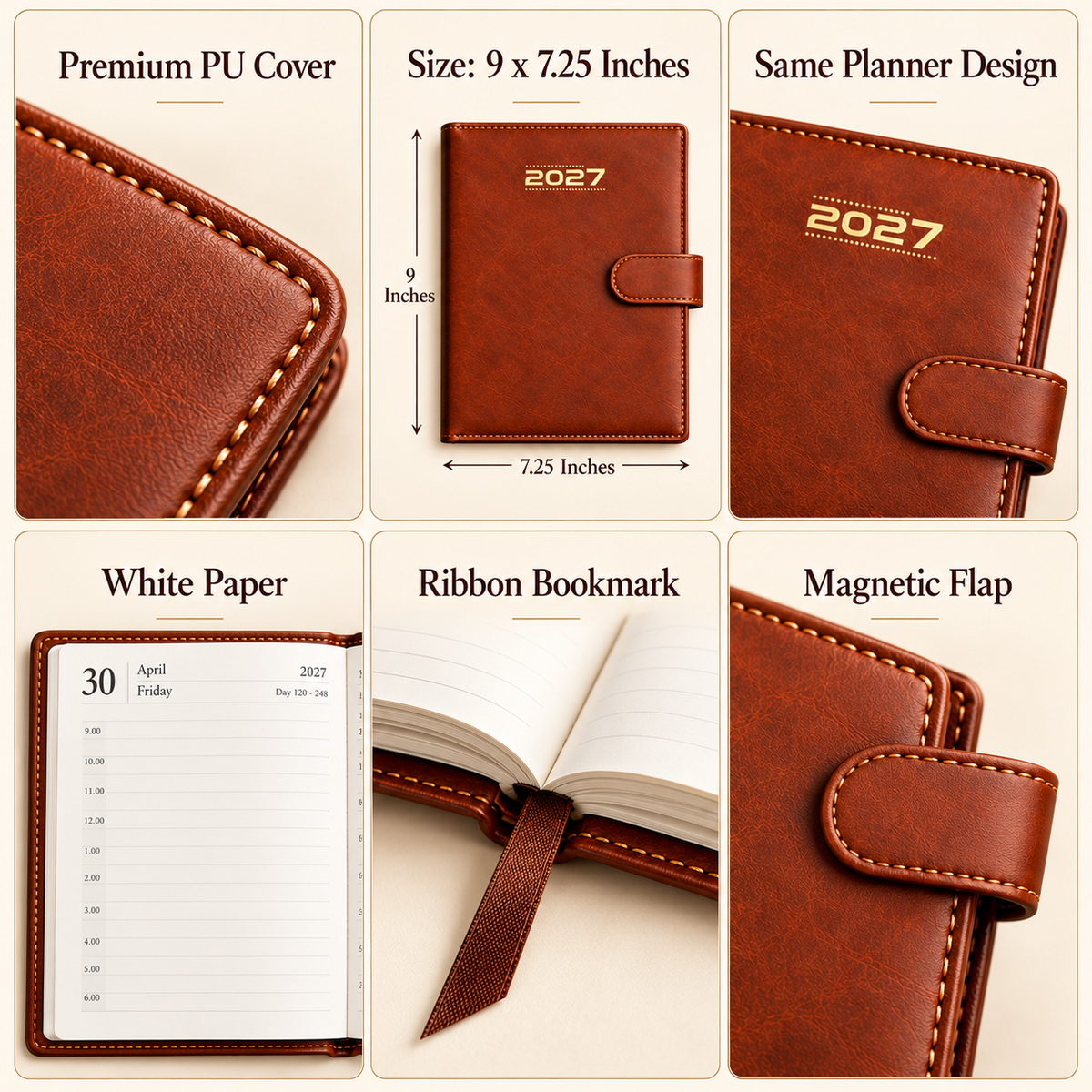 2027 Executive Diary,Brown PU Leather Planner, 9 × 7.25 Inch, Daily Organizer with Magnetic Closure