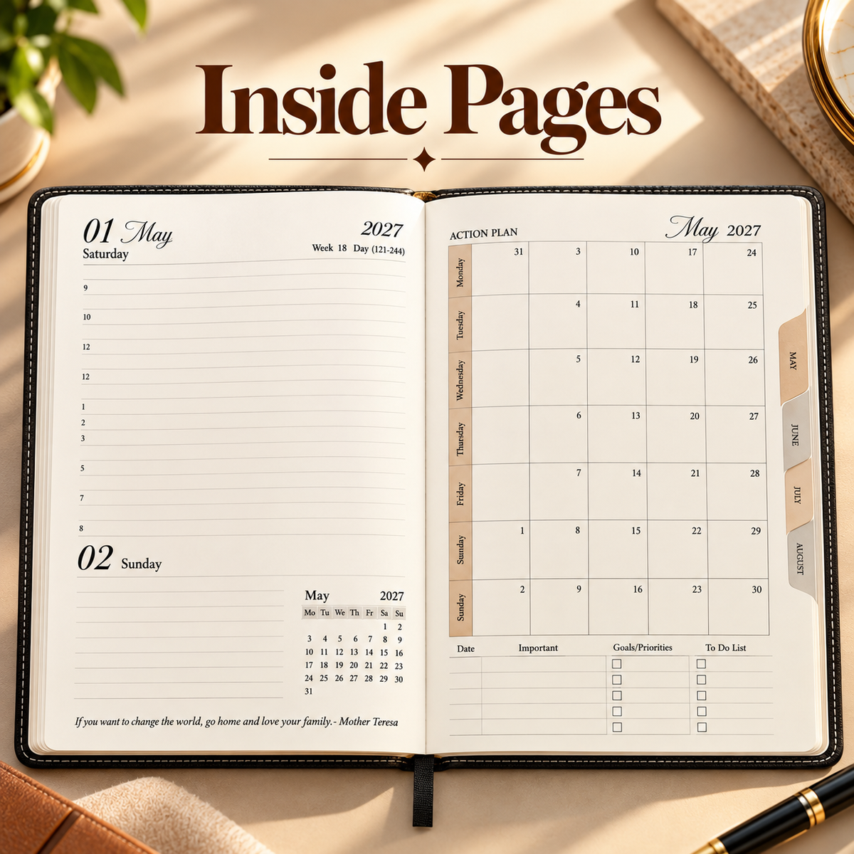 2027 Premium Brown Executive Diary – 9 × 7.25 Inch, Daily Planner,Ribbon Bookmark