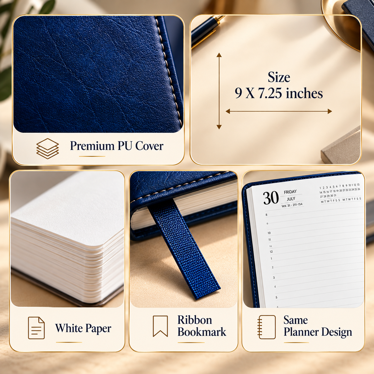 2027 Premium Blue Executive Diary – 9 × 7.25 Inch, Daily Planner with Ribbon Bookmark