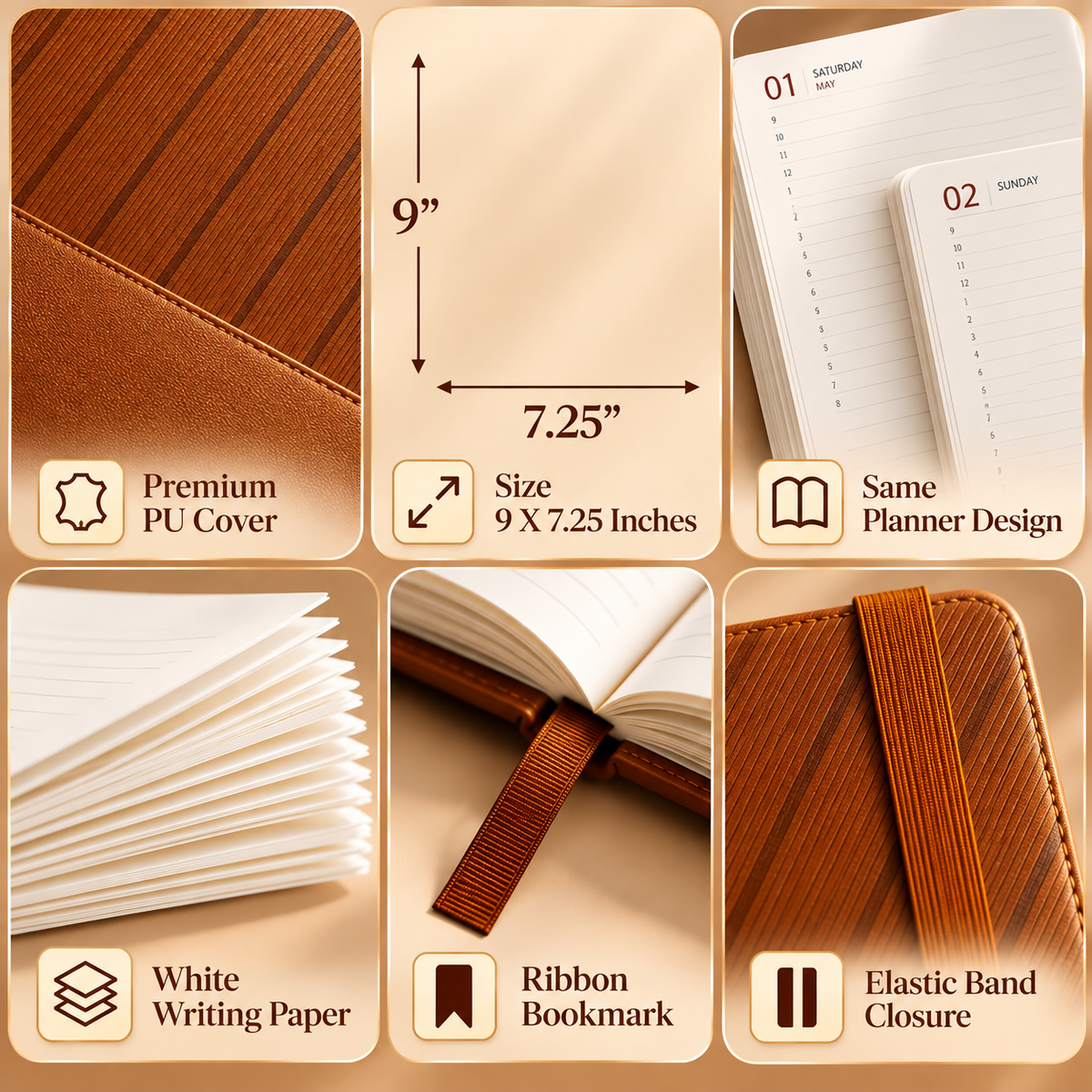 2027 Premium Brown Diary Planner – 9 × 7.25 Inch, Elastic Band Closure