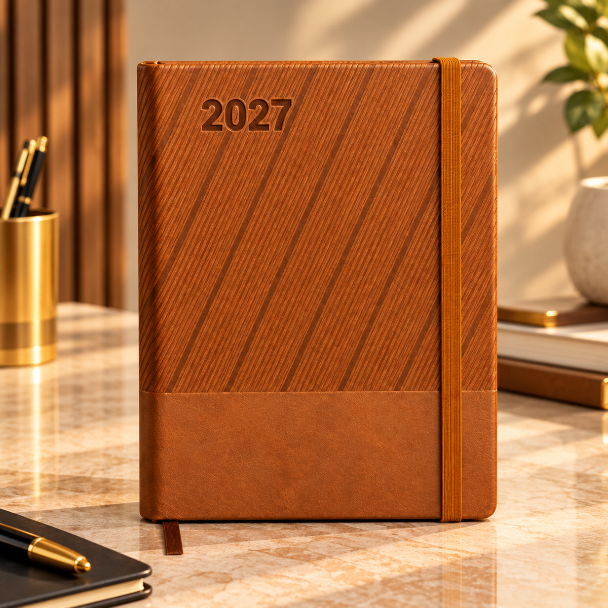 2027 Premium Brown Diary Planner – 9 × 7.25 Inch, Elastic Band Closure