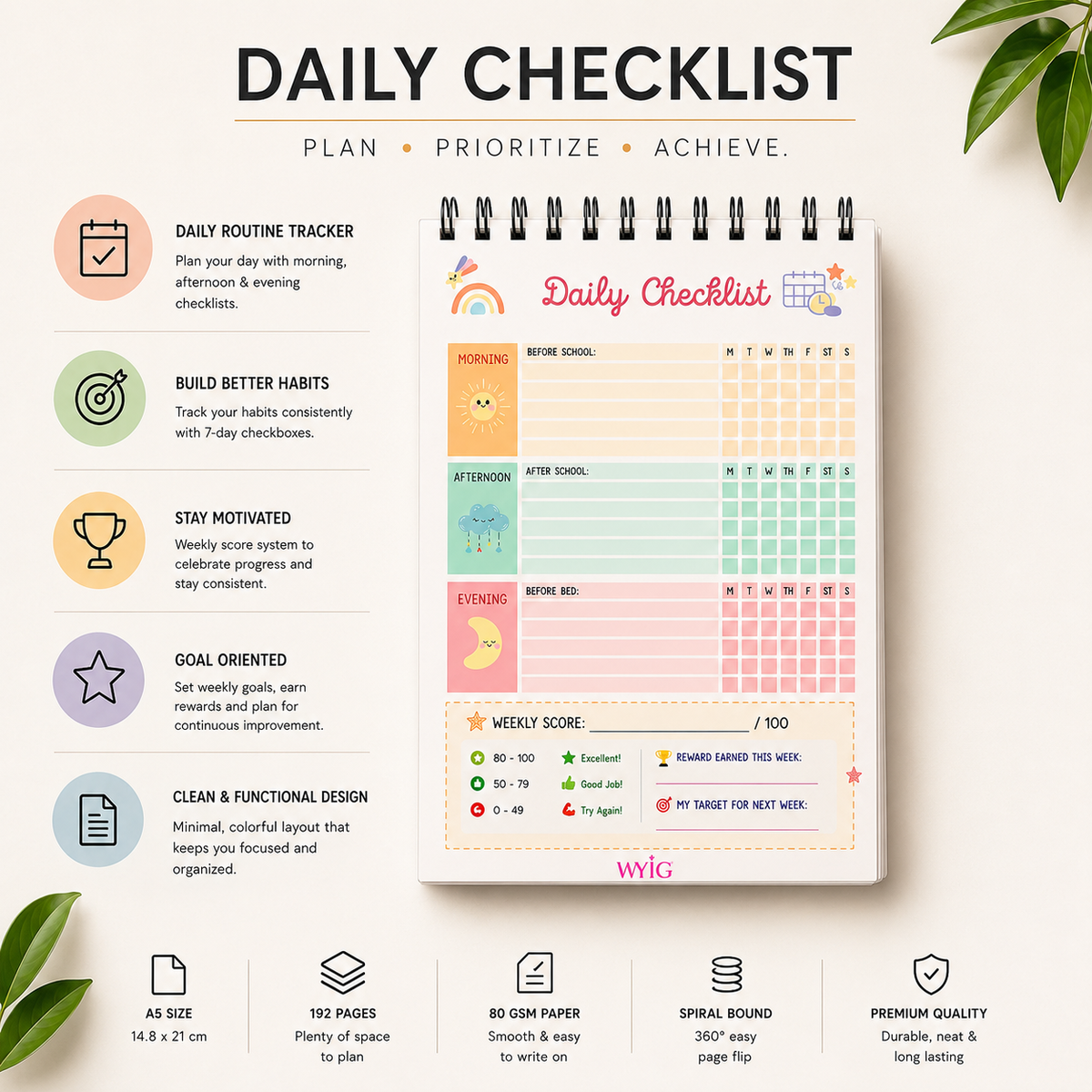Daily Checklist Planner | A5 Size | 100 Pages |Spiral Routine & Habit Tracker for Kids & Students