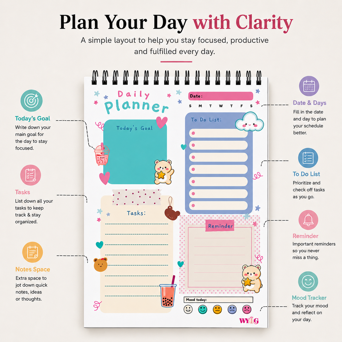 Cloud Daily Planner | A5 Size | 100 Pages | 80 GSM | Undated with To-Do List, Goals & Mood Tracker