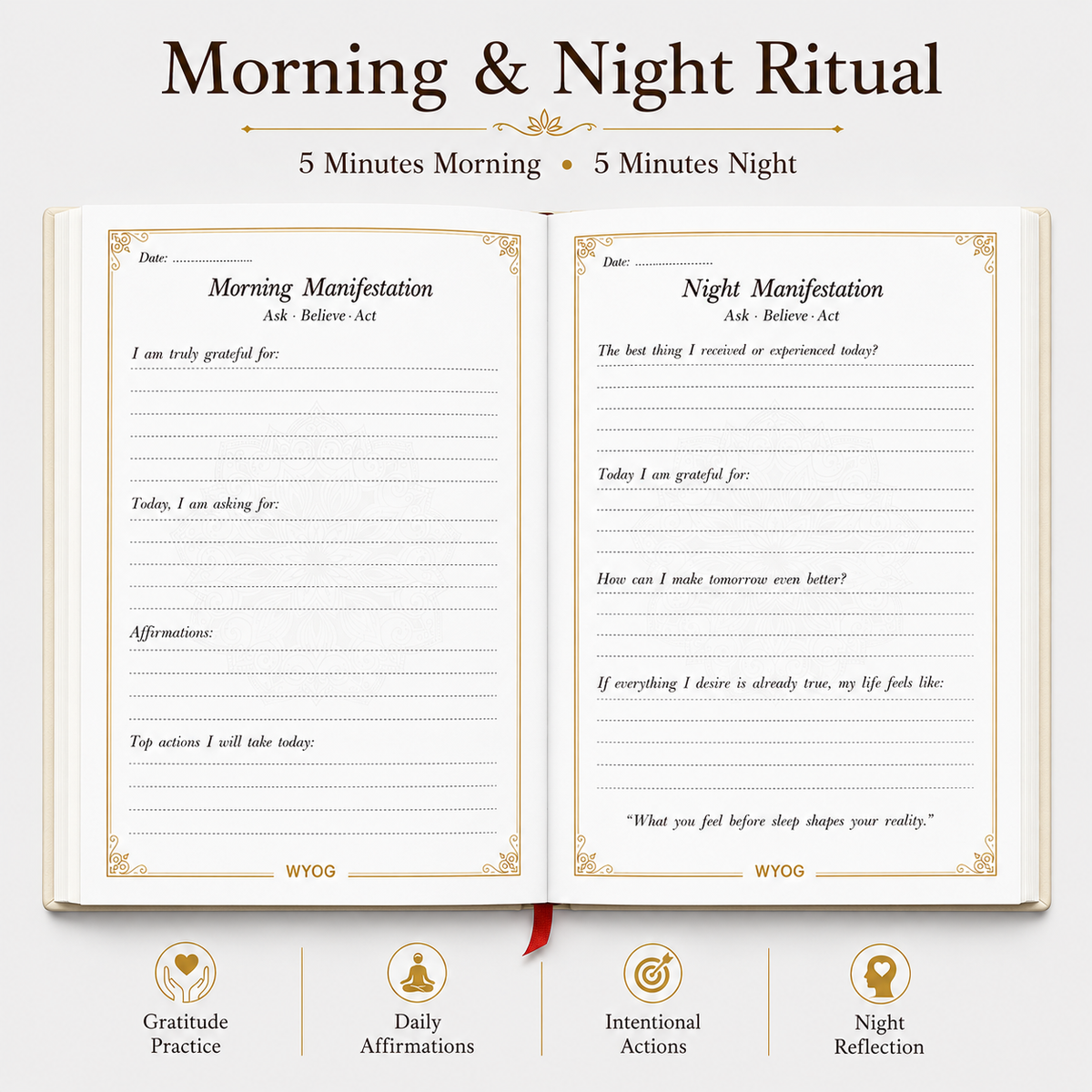 Sankalp A5 Manifestation Journal |Morning & Night Planner|Om Symbol and ribbon bookmark