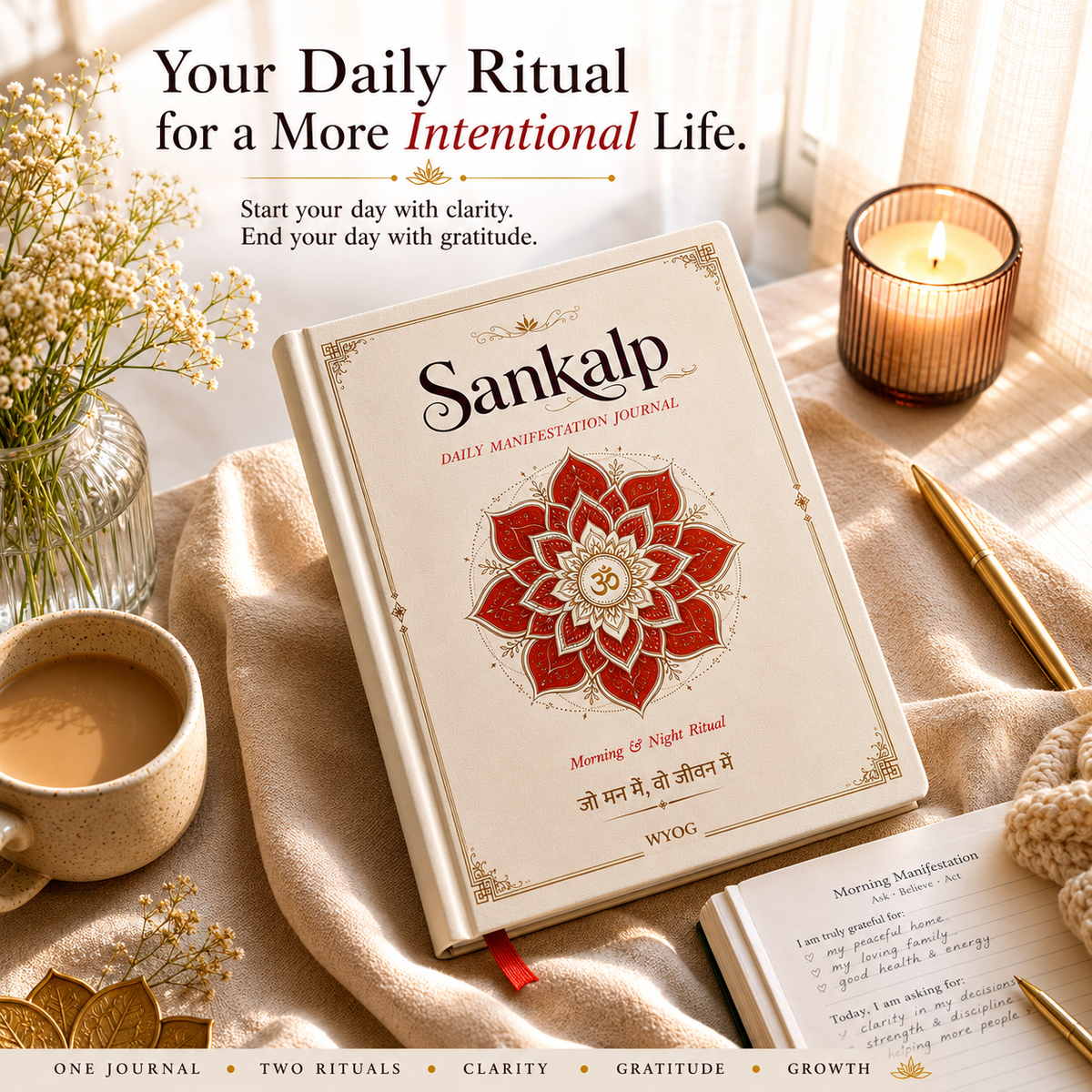 Sankalp A5 Manifestation Journal |Morning & Night Planner|Om Symbol and ribbon bookmark