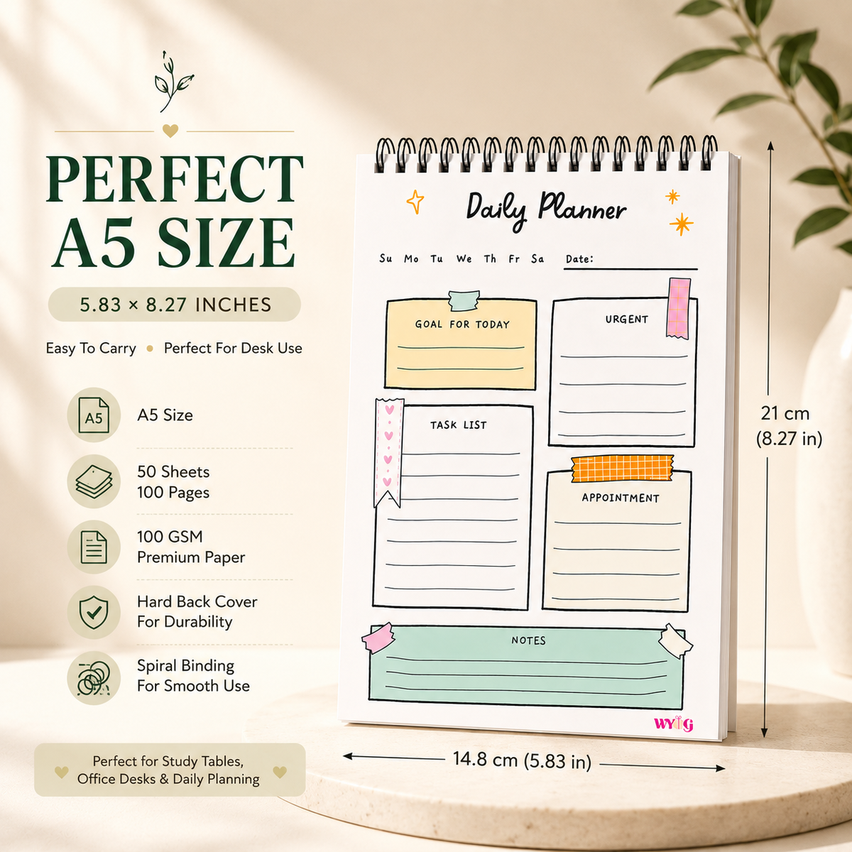 Cute A5 Daily Planner | Undated | 100 Pages, 100 GSM Paper, Goals, Priorities & Notes