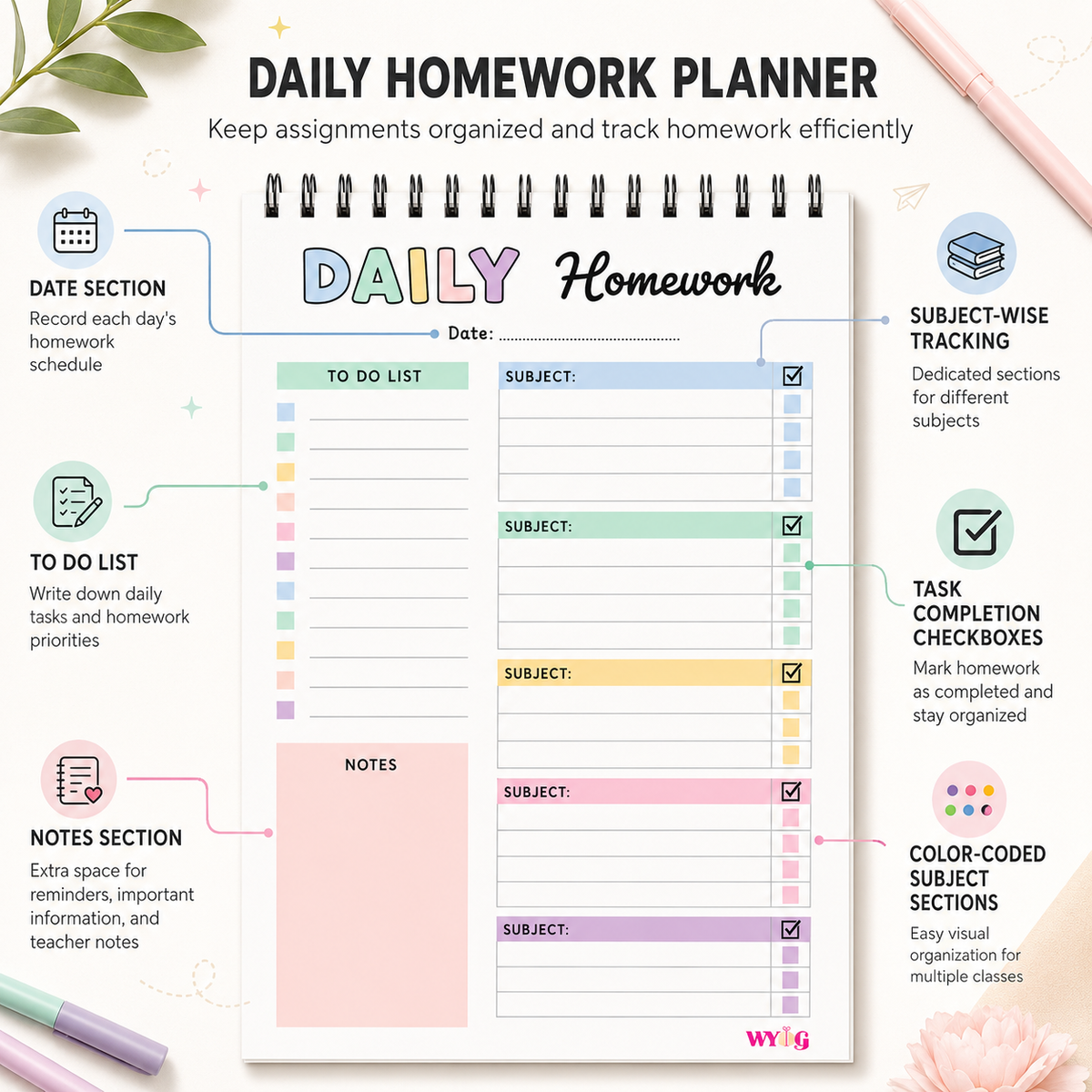 A5 Daily Homework Planner | Undated Spiral Homework Tracker | Subject-Wise Checklist, To-Do List & Notes