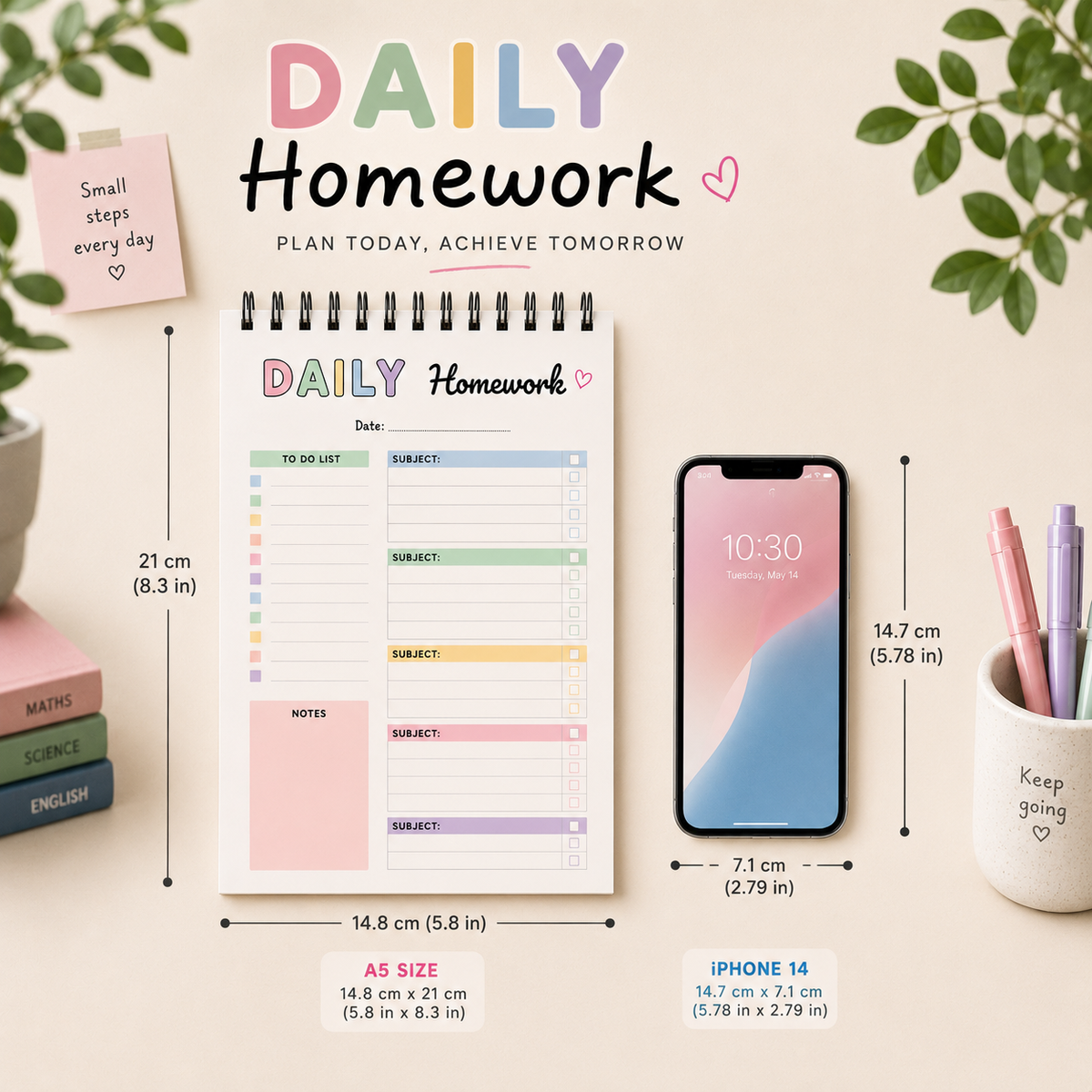 A5 Daily Homework Planner | Undated Spiral Homework Tracker | Subject-Wise Checklist, To-Do List & Notes