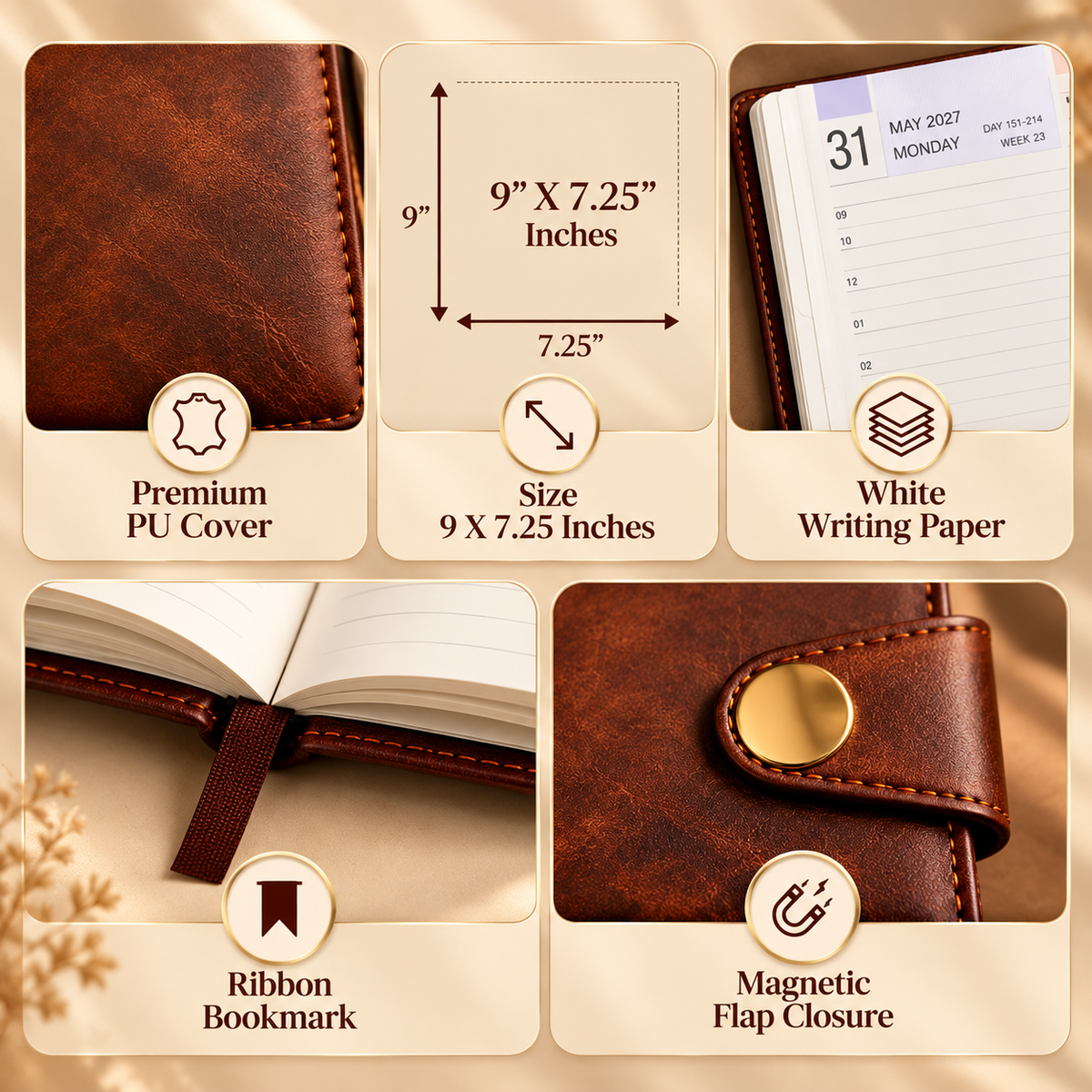 Brown Executive Diary Planner – A5, PU Leatherette Cover, Magnetic Closure & Ribbon Bookmark