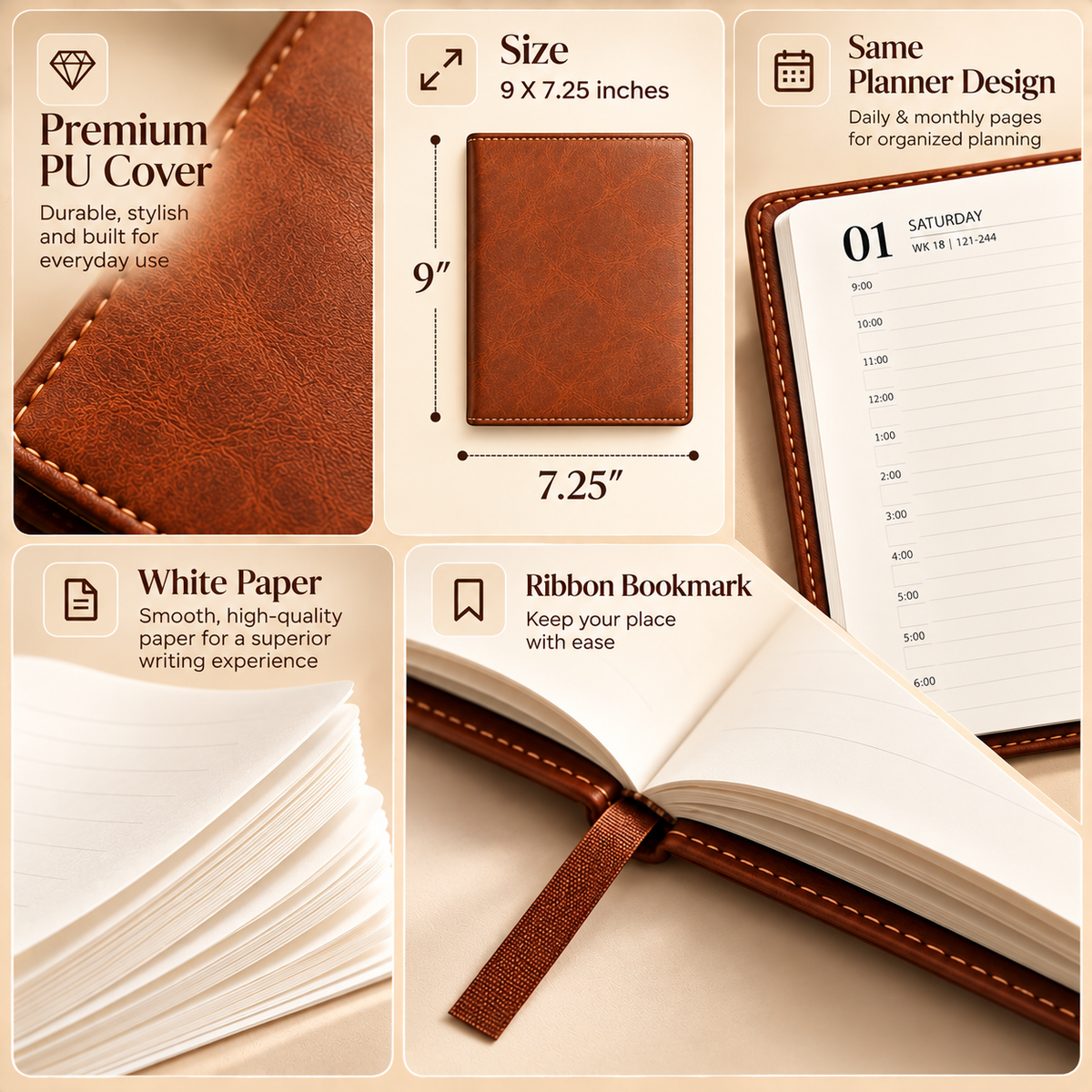 2027 Premium Brown Executive Diary – 9 × 7.25 Inch, Daily Planner with Ribbon Bookmark