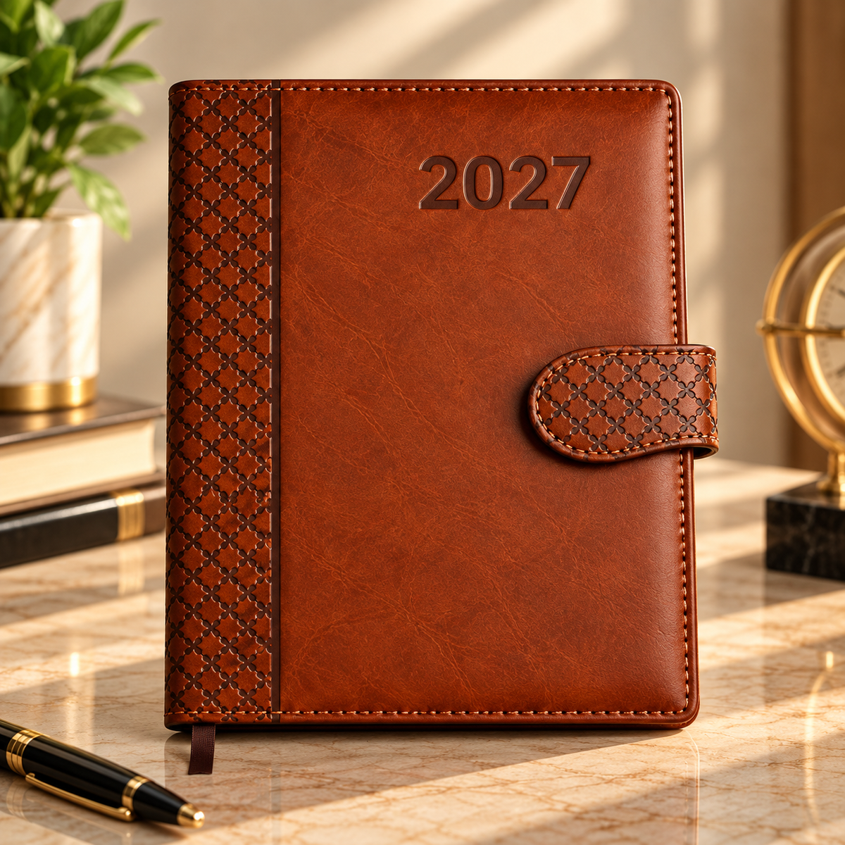2027 Premium Brown Leatherette Diary Planner – 9 × 7.25 Inch, Magnetic Closure & Ribbon Bookmark