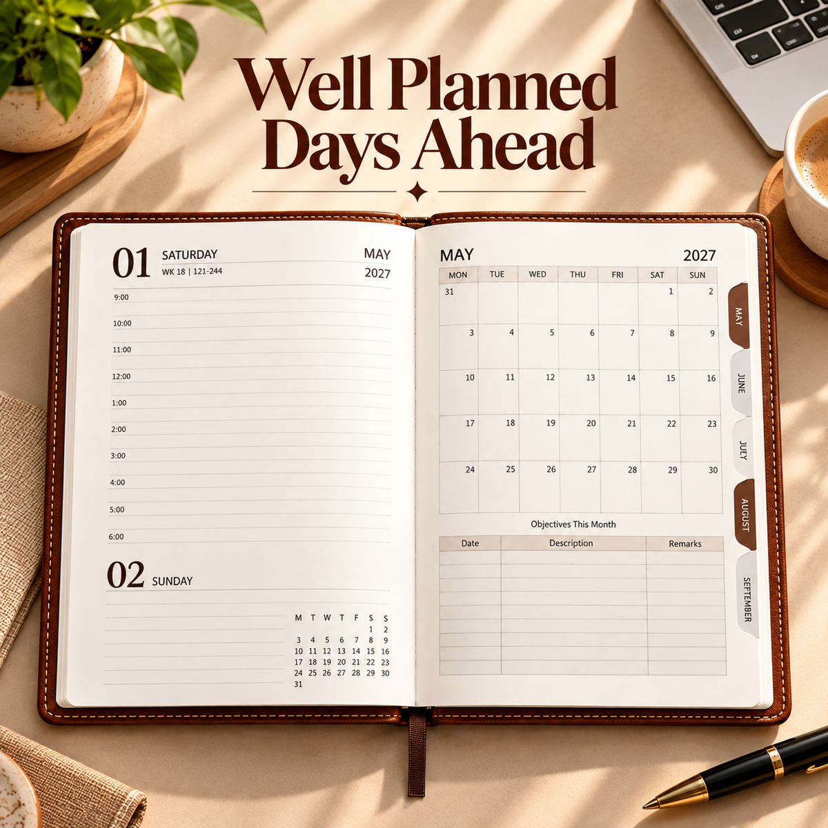 2027 Premium Brown Executive Diary – 9 × 7.25 Inch, Daily Planner with Ribbon Bookmark