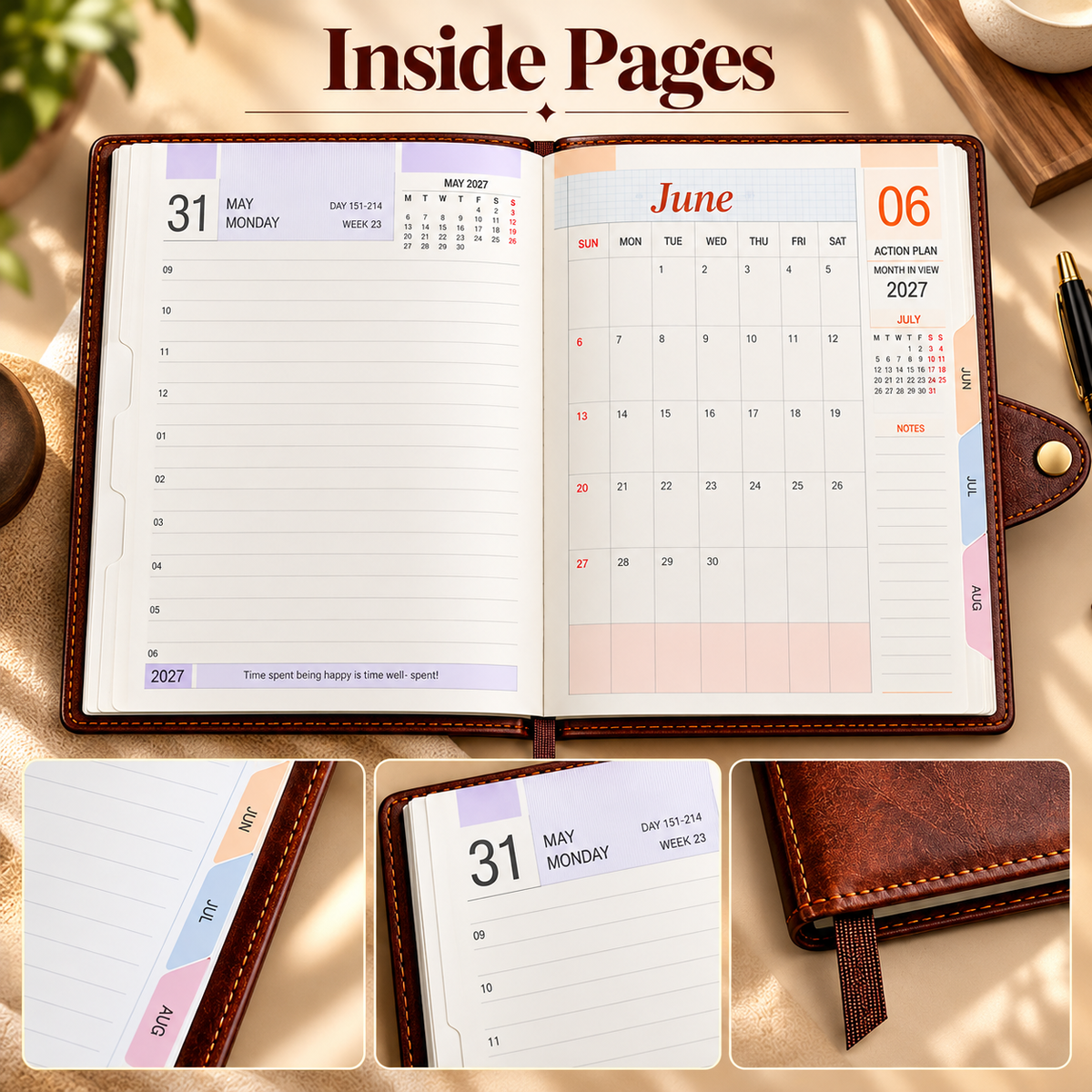 Brown Executive Diary Planner – A5, PU Leatherette Cover, Magnetic Closure & Ribbon Bookmark