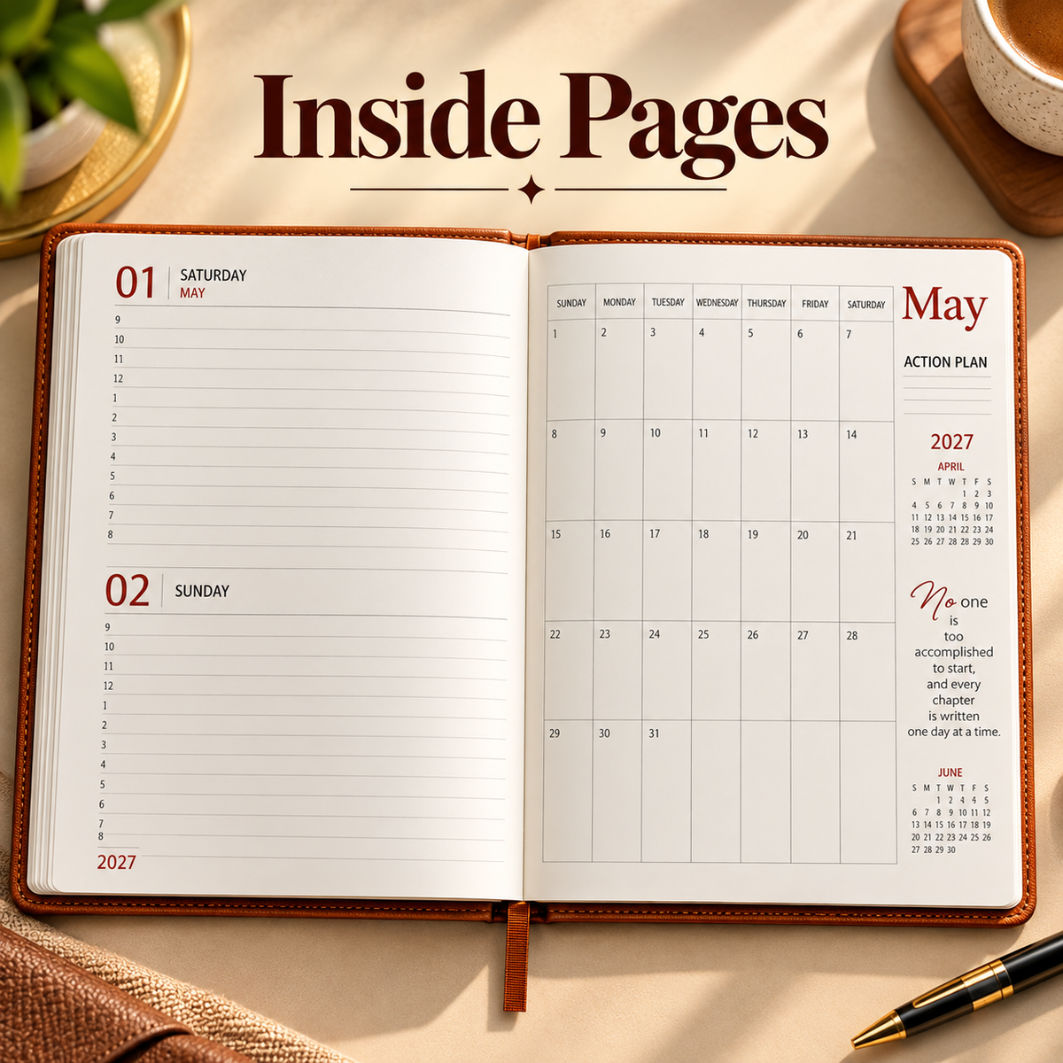 2027 Premium Brown Diary Planner – 9 × 7.25 Inch, Elastic Band Closure