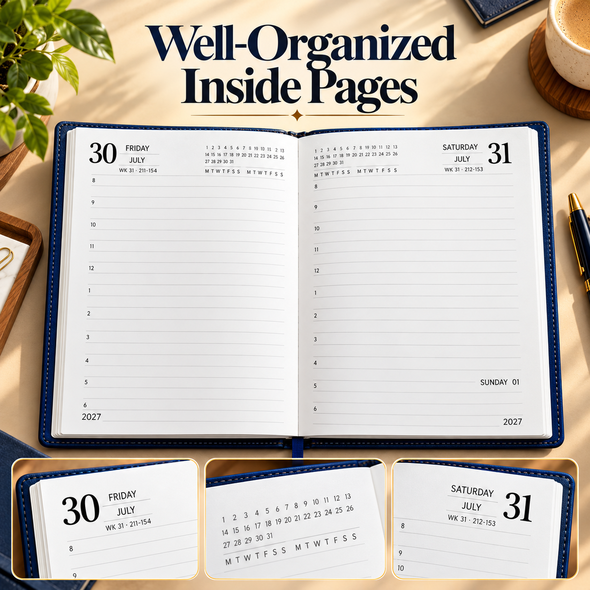 2027 Premium Blue Executive Diary – 9 × 7.25 Inch, Daily Planner with Ribbon Bookmark