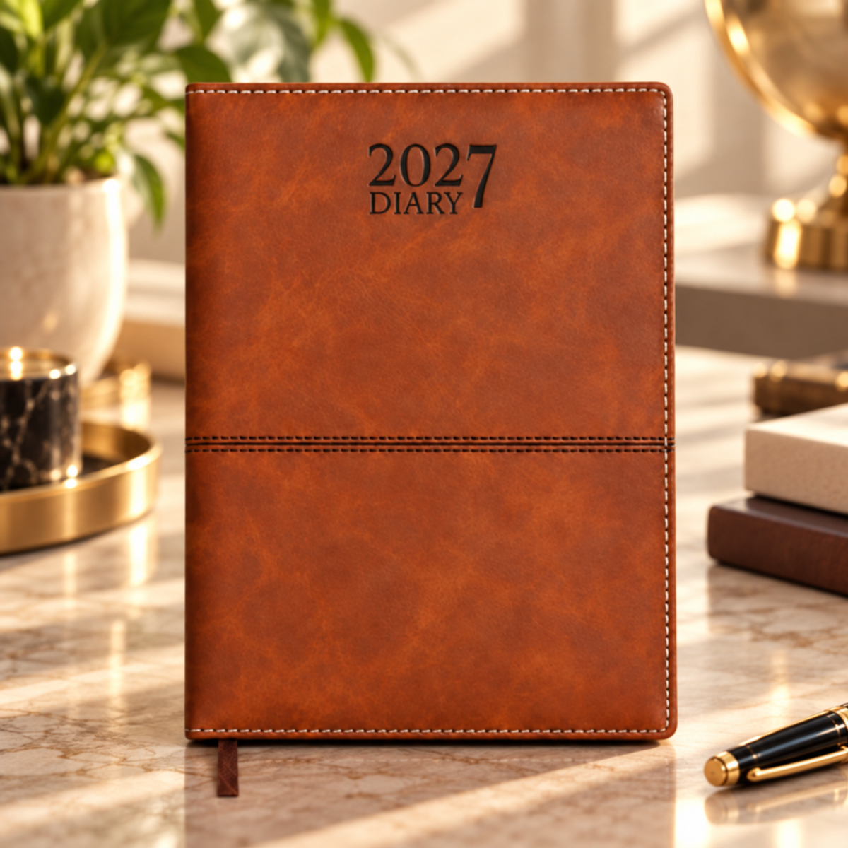 2027 Premium Brown Executive Diary – 9 × 7.25 Inch, Daily Planner with Ribbon Bookmark