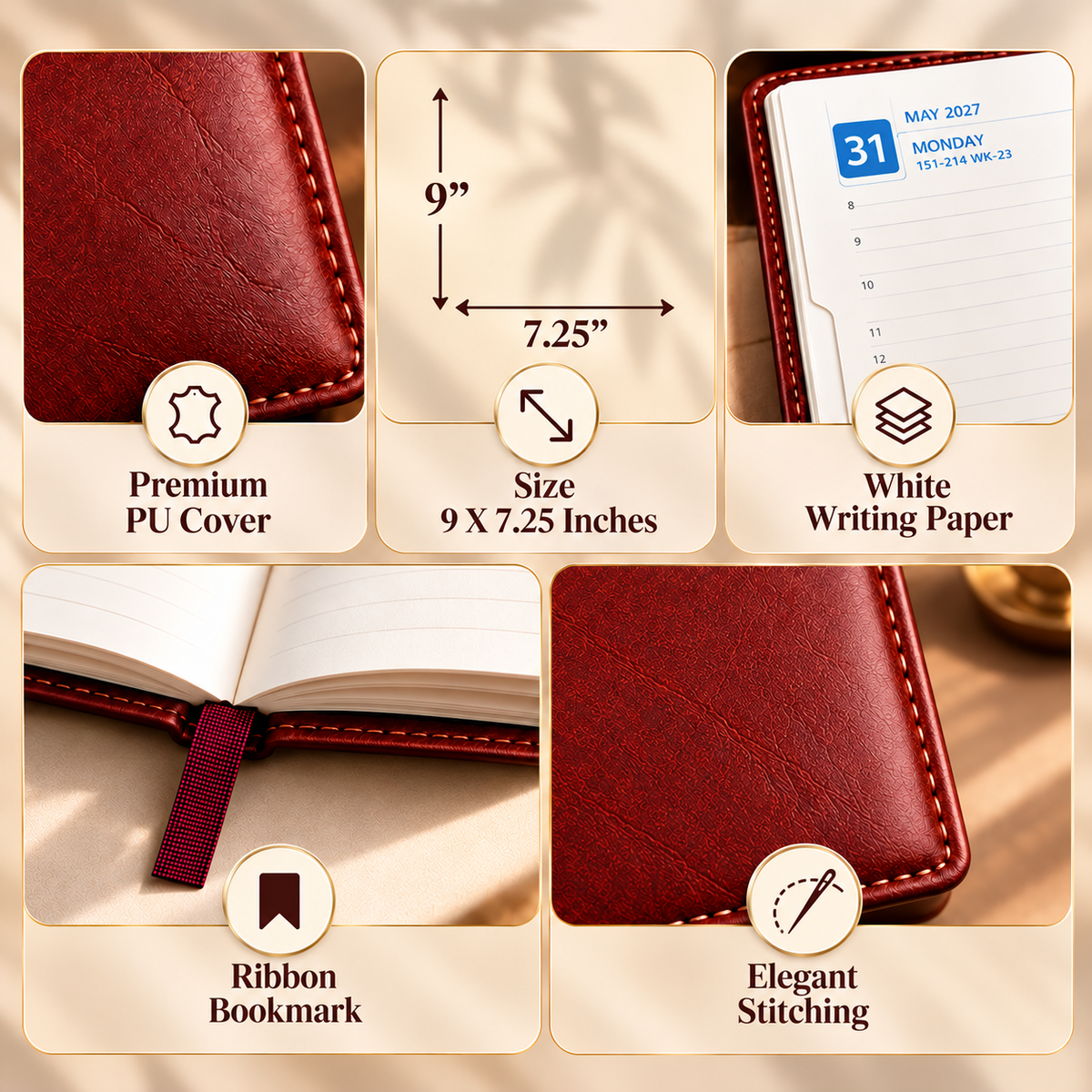 2027 Exclusive Maroon Diary Planner – 9 × 7.25 Inch, Premium Leatherette Cover
