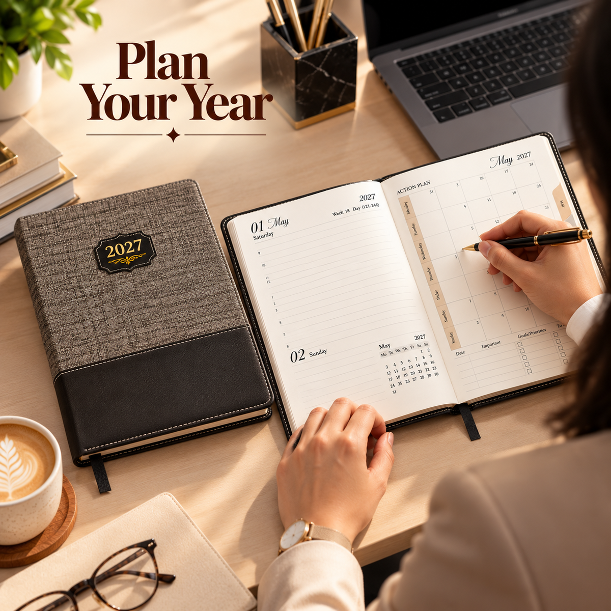 2027 Premium Brown Executive Diary – 9 × 7.25 Inch, Daily Planner,Ribbon Bookmark