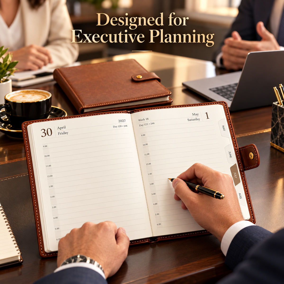 2027 Executive Diary,Brown PU Leather Planner, 9 × 7.25 Inch, Daily Organizer with Magnetic Closure