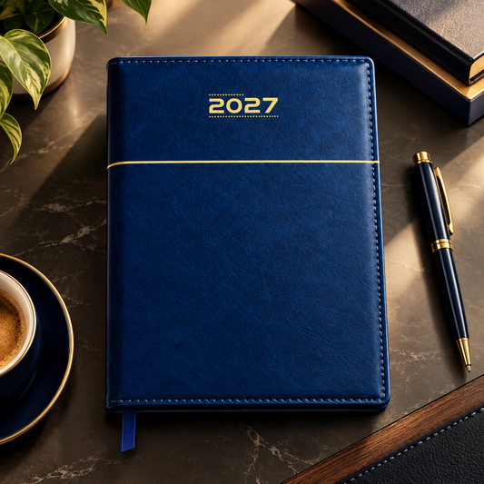 2027 Premium Blue Executive Diary – 9 × 7.25 Inch, Daily Planner with Ribbon Bookmark