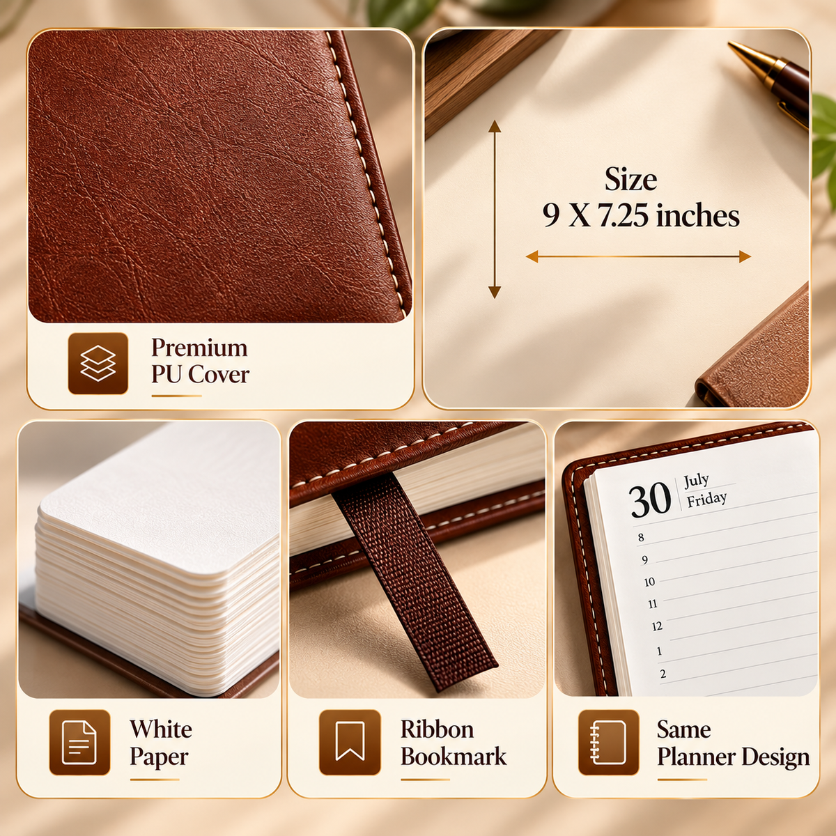 2027 Premium Brown Diary Planner,A5 Size, Daily Planner with White Pages & Ribbon Bookmark
