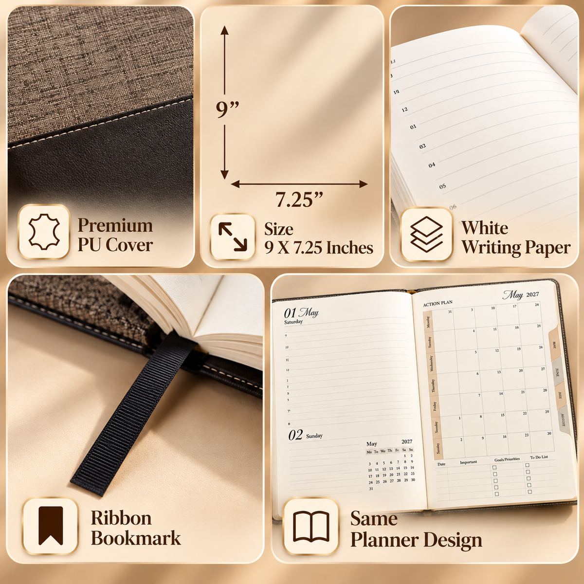 2027 Premium Brown Executive Diary – 9 × 7.25 Inch, Daily Planner,Ribbon Bookmark