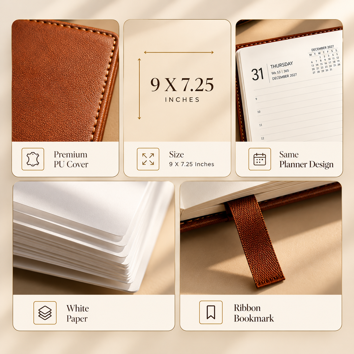 2027 Premium  Brown Executive Diary – 9 × 7.25 Inch, Magnetic Flap Planner, Goals setter