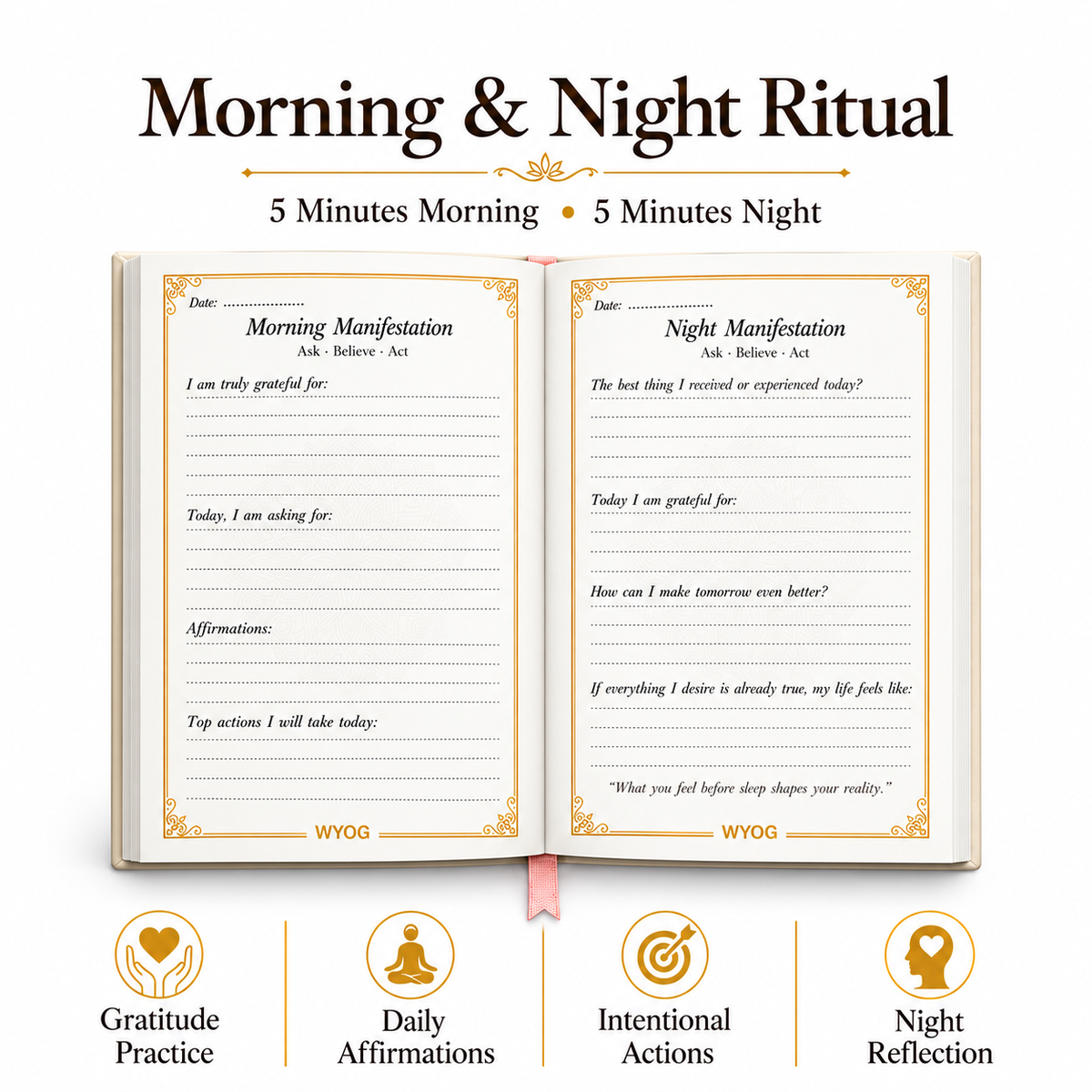 Floral Gratitude Journal | A5 Hardcover | 80 GSM | Morning & Night Manifestation Diary