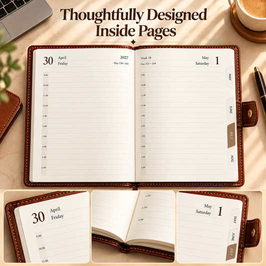2027 Executive Diary,Brown PU Leather Planner, 9 × 7.25 Inch, Daily Organizer with Magnetic Closure