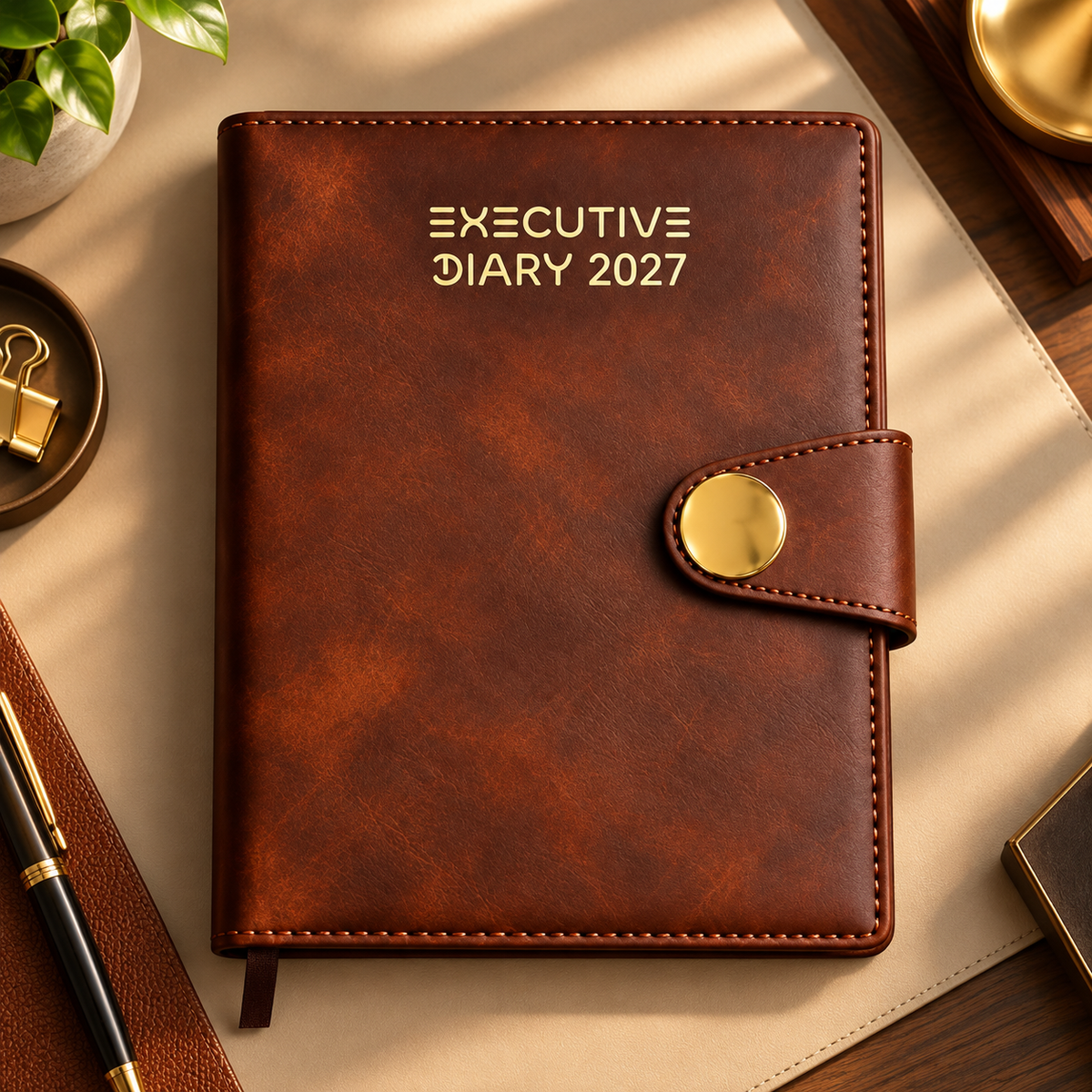 Brown Executive Diary Planner – A5, PU Leatherette Cover, Magnetic Closure & Ribbon Bookmark
