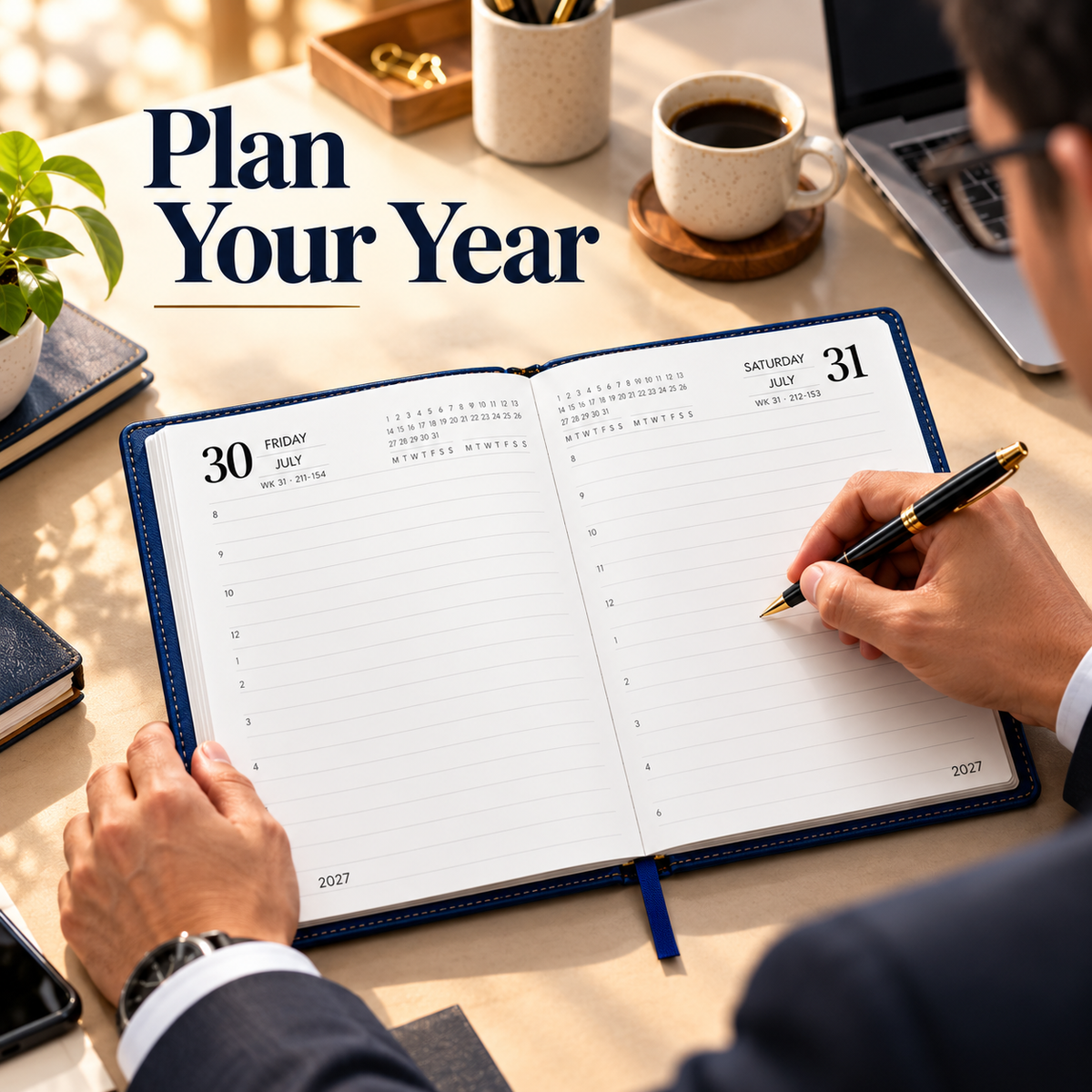 2027 Premium Blue Executive Diary – 9 × 7.25 Inch, Daily Planner with Ribbon Bookmark