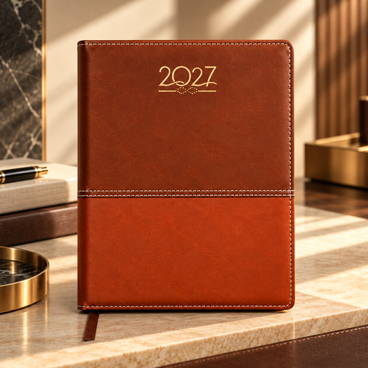 2027 Premium Two-Tone Brown Executive Diary-A5 Size, Daily Planner with Ribbon Bookmark