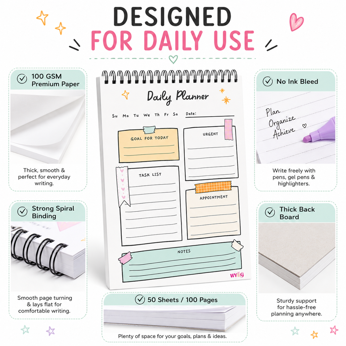 Cute A5 Daily Planner | Undated | 100 Pages, 100 GSM Paper, Goals, Priorities & Notes