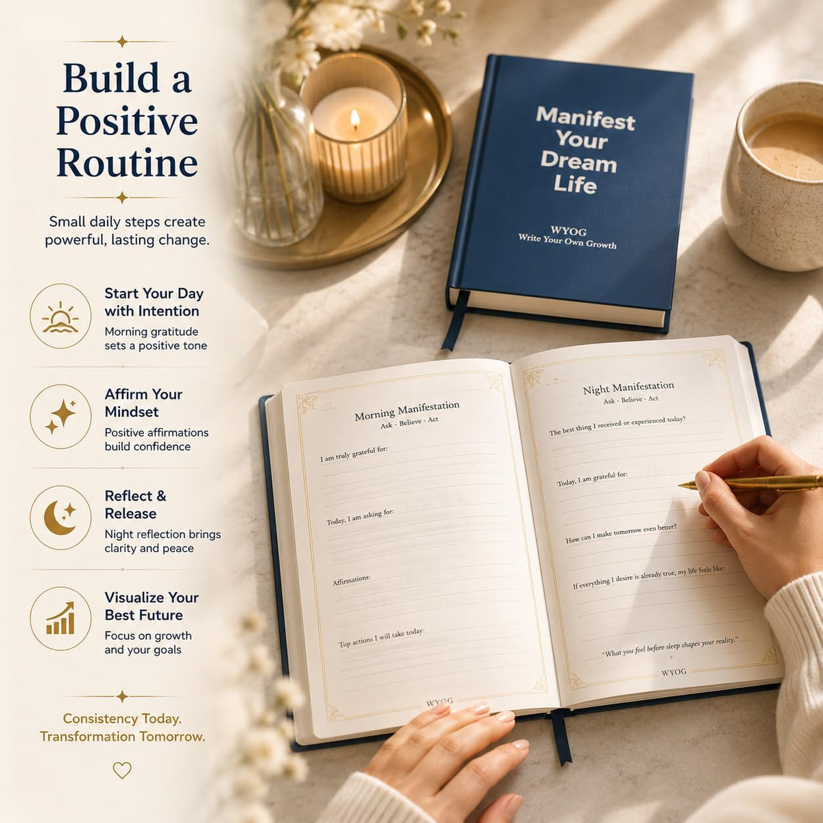 Manifest Your Dream Life – A5 Hardcover| Morning & Night Guided Journal, Daily Affirmations