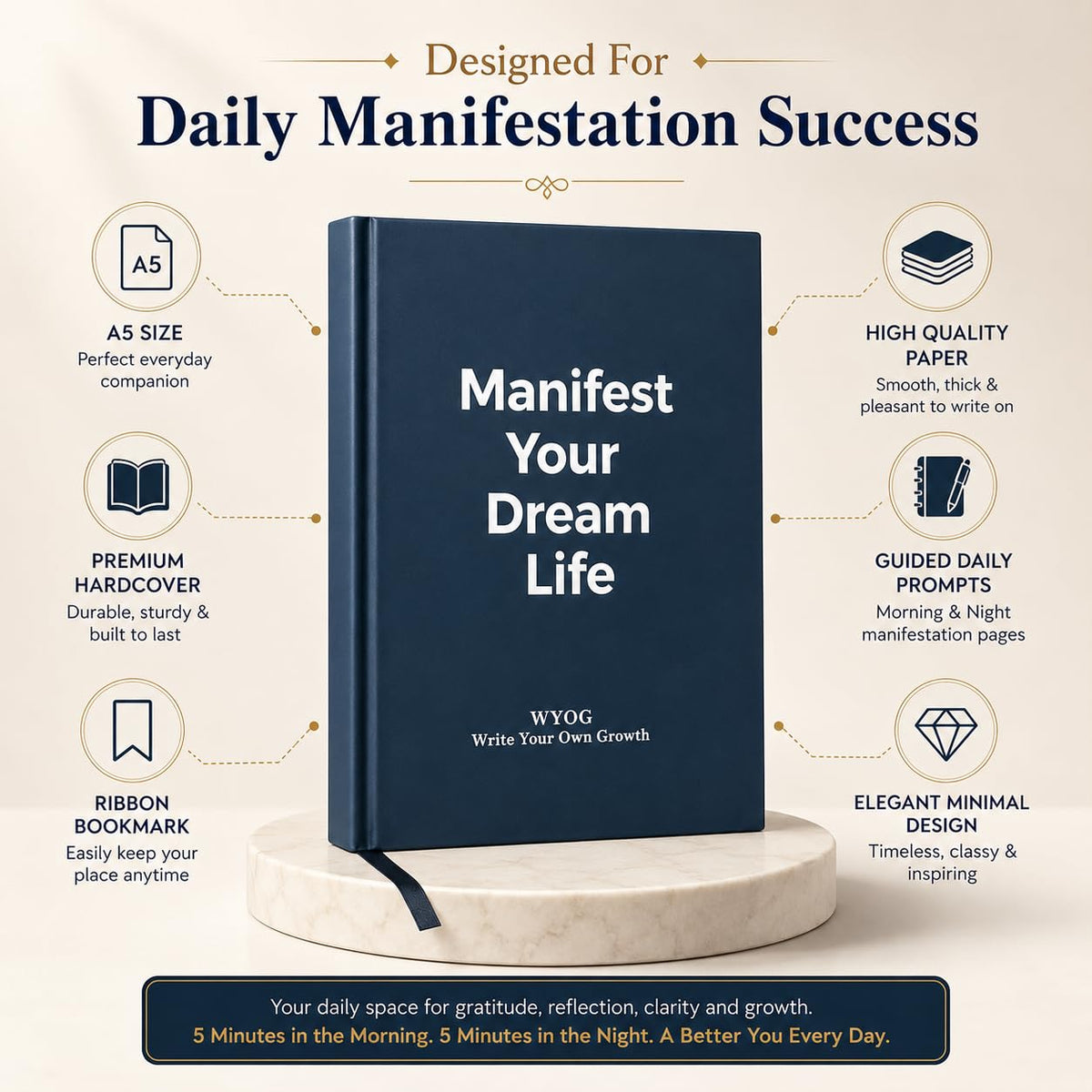 Manifest Your Dream Life – A5 Hardcover| Morning & Night Guided Journal, Daily Affirmations