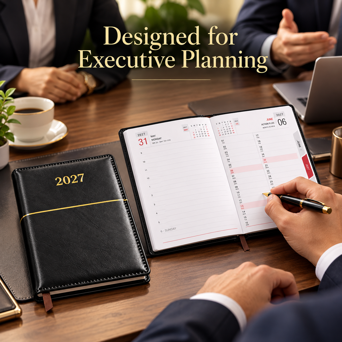 2027 Premium Black Diary Planner -9 × 7.25 Inch, Daily Planner with Monthly Action Plan & Ribbon Bookmark
