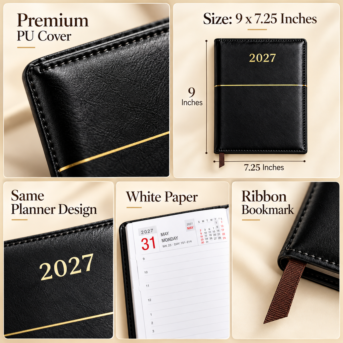 2027 Premium Black Diary Planner -9 × 7.25 Inch, Daily Planner with Monthly Action Plan & Ribbon Bookmark