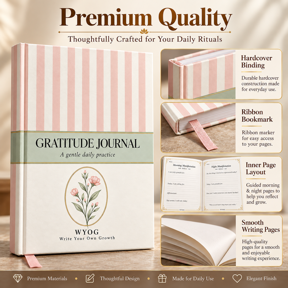 Floral Gratitude Journal | A5 Hardcover | 80 GSM | Morning & Night Manifestation Diary