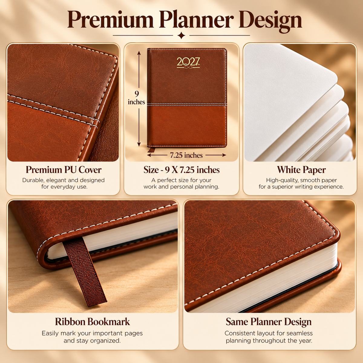 2027 Premium Two-Tone Brown Executive Diary-A5 Size, Daily Planner with Ribbon Bookmark