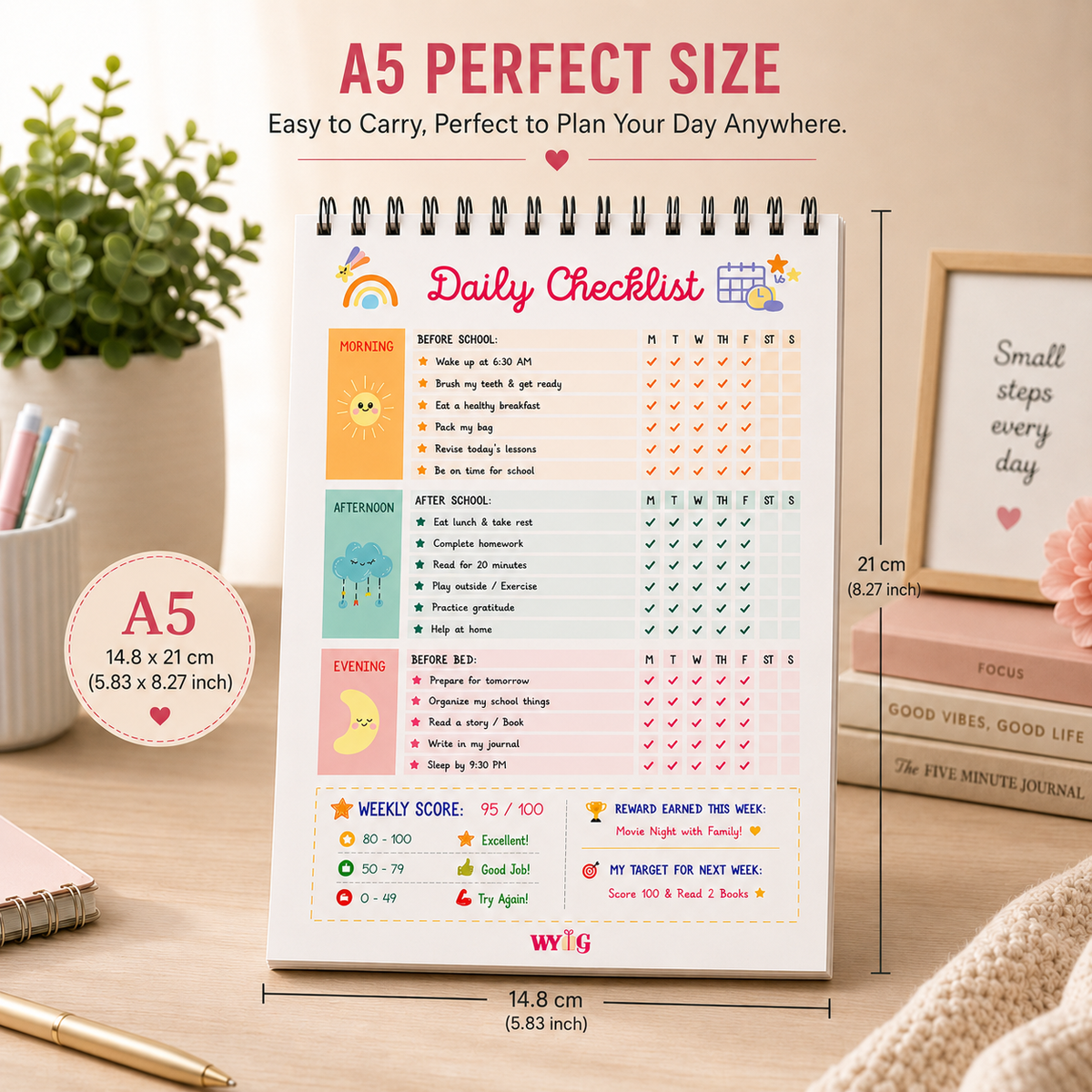 Daily Checklist Planner | A5 Size | 100 Pages |Spiral Routine & Habit Tracker for Kids & Students