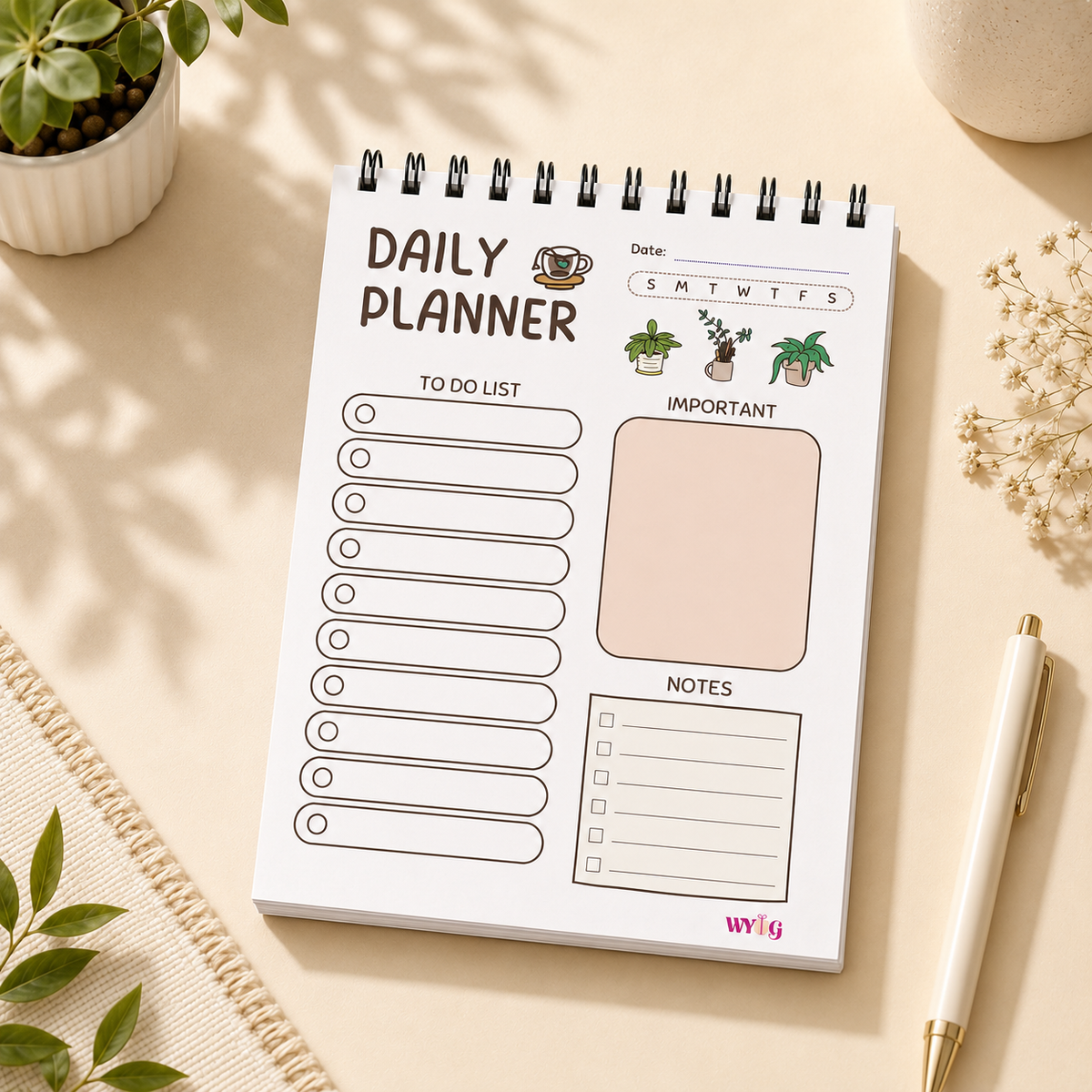 WYOG Brown Daily Planner | A5 Size | 192 Pages | 80 GSM | Undated Spiral Notepad
