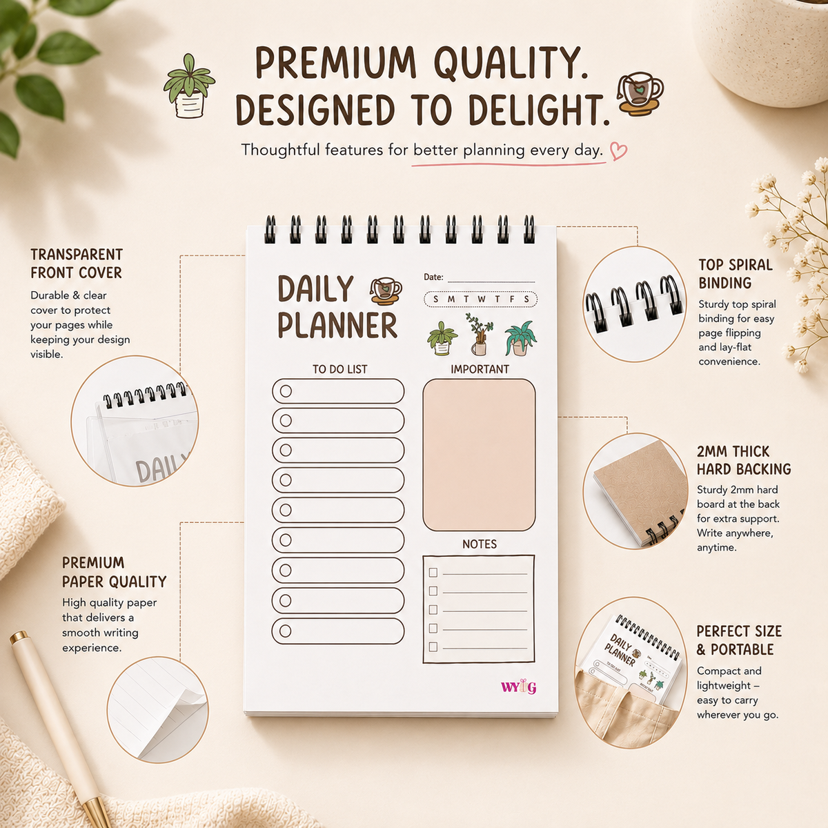 WYOG Brown Daily Planner | A5 Size | 192 Pages | 80 GSM | Undated Spiral Notepad