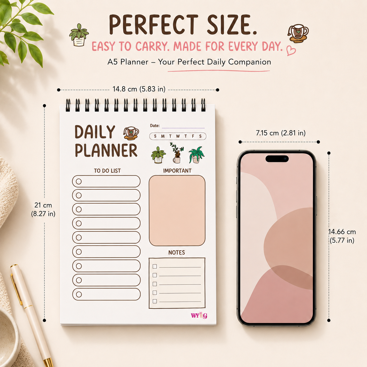 WYOG Brown Daily Planner | A5 Size | 192 Pages | 80 GSM | Undated Spiral Notepad