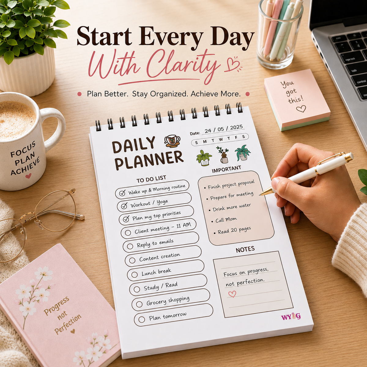 WYOG Brown Daily Planner | A5 Size | 192 Pages | 80 GSM | Undated Spiral Notepad