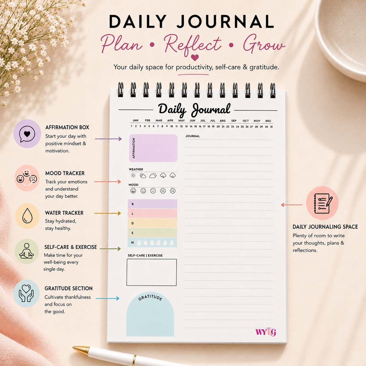 Daily Journal | A5 Size | 100 Pages | Undated with Gratitude, Affirmations & Mood Tracker